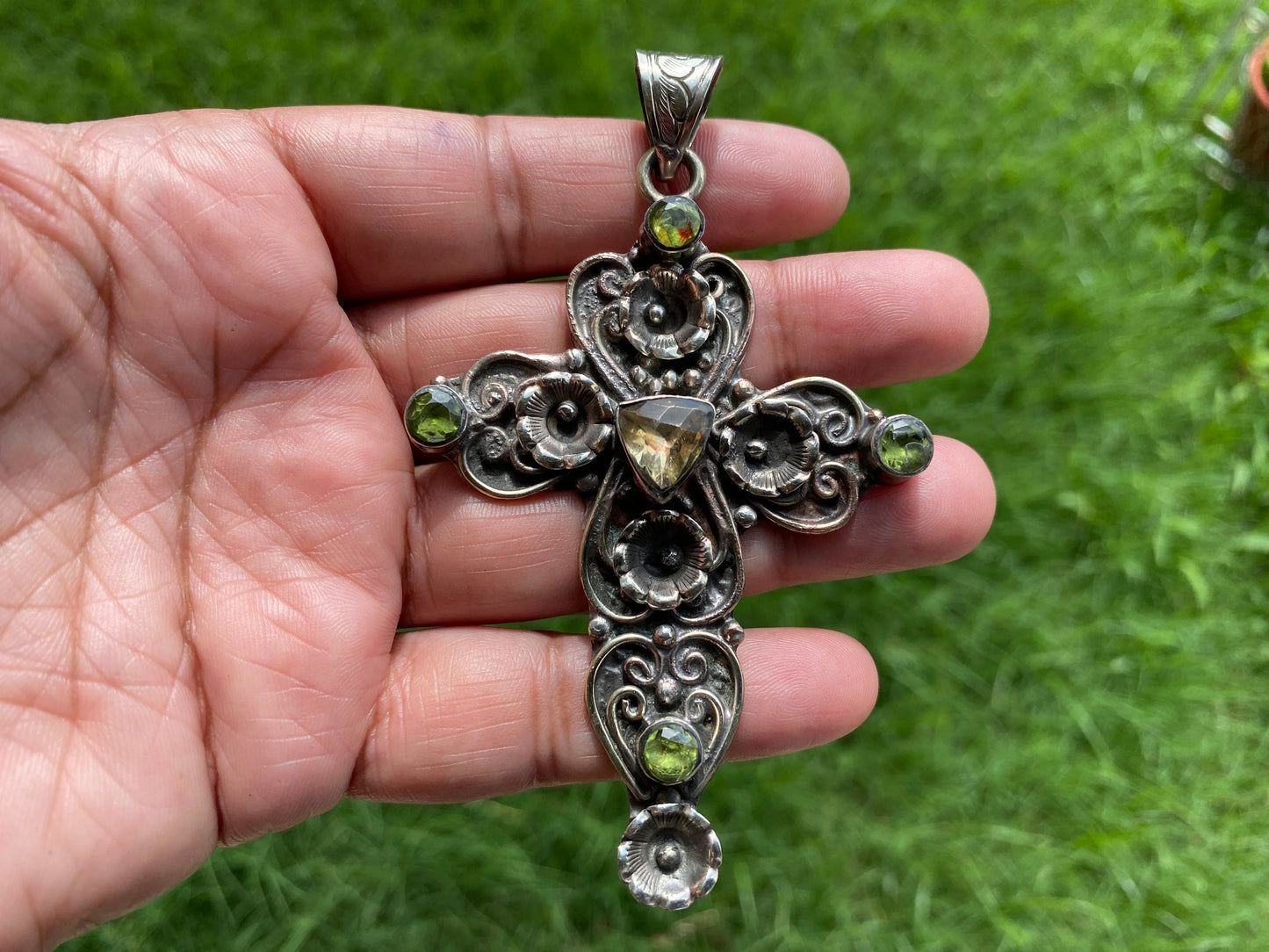 Antique Look Large Cross Pendant, Tibetan Silver Pendant,Faceted Period & Citrine Gemstone, Religious Jewelry, Religious Gift, Tibetan, Boho
