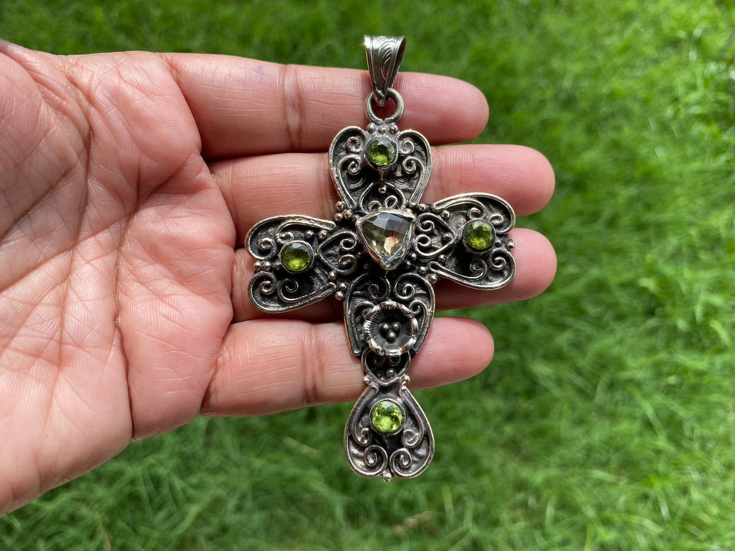 Antique Look Large Cross Pendant, Tibetan Silver Pendant,Faceted Period & Citrine Gemstone, Religious Jewelry, Religious Gift, Tibetan, Boho