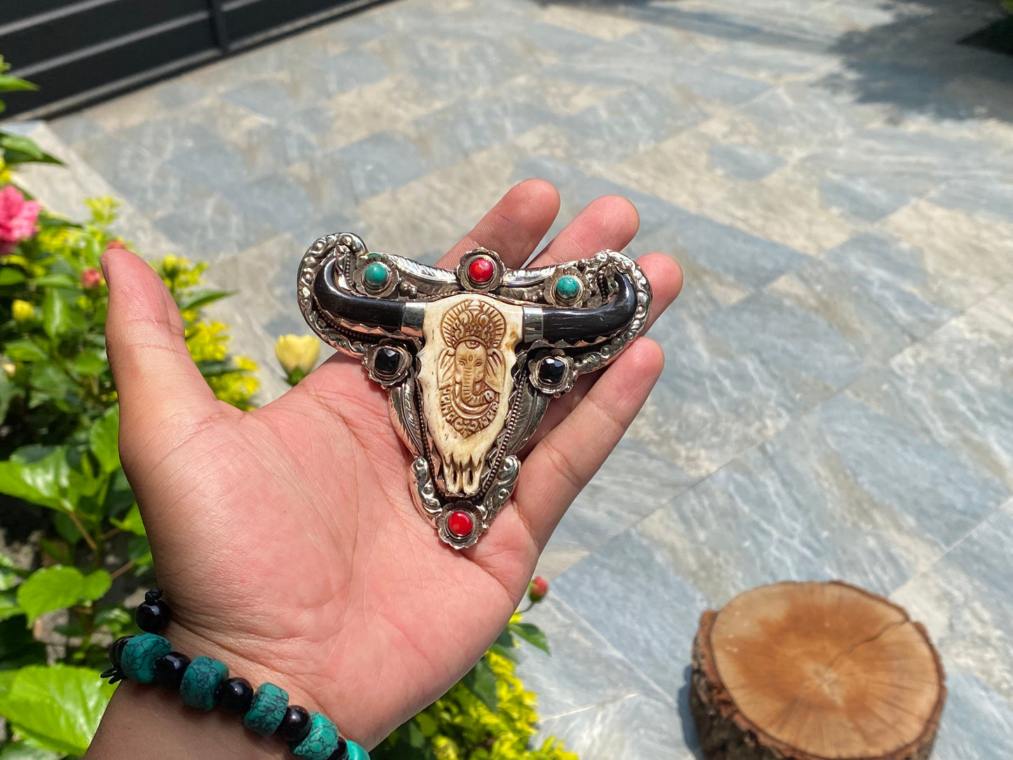 Antique Looks belt buckle for daily use, Tibetan silver buckle adorned with Natural Turquoise, Coral, with Ganesh Head Carved on Bone.