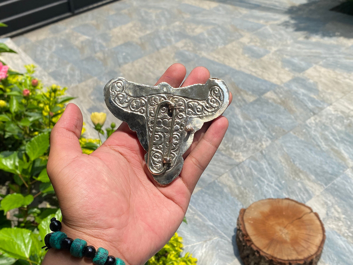 Antique Looks belt buckle for daily use, Tibetan silver buckle adorned with Natural Turquoise, Coral, with Ganesh Head Carved on Bone.