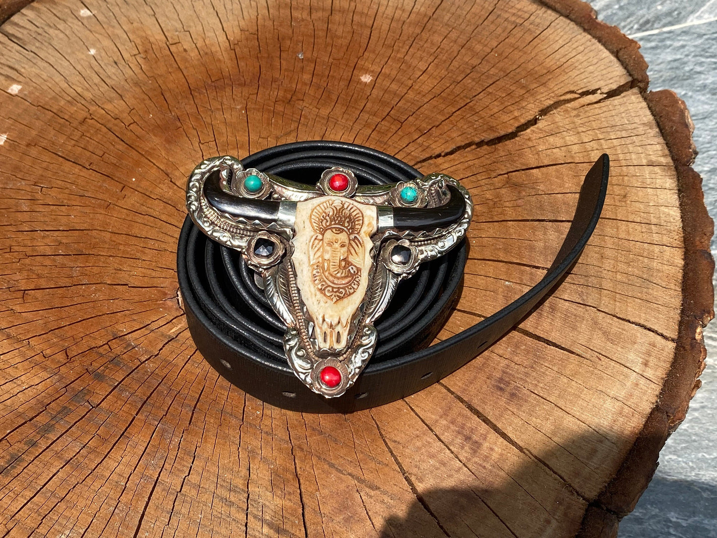 Antique Looks belt buckle for daily use, Tibetan silver buckle adorned with Natural Turquoise, Coral, with Ganesh Head Carved on Bone.