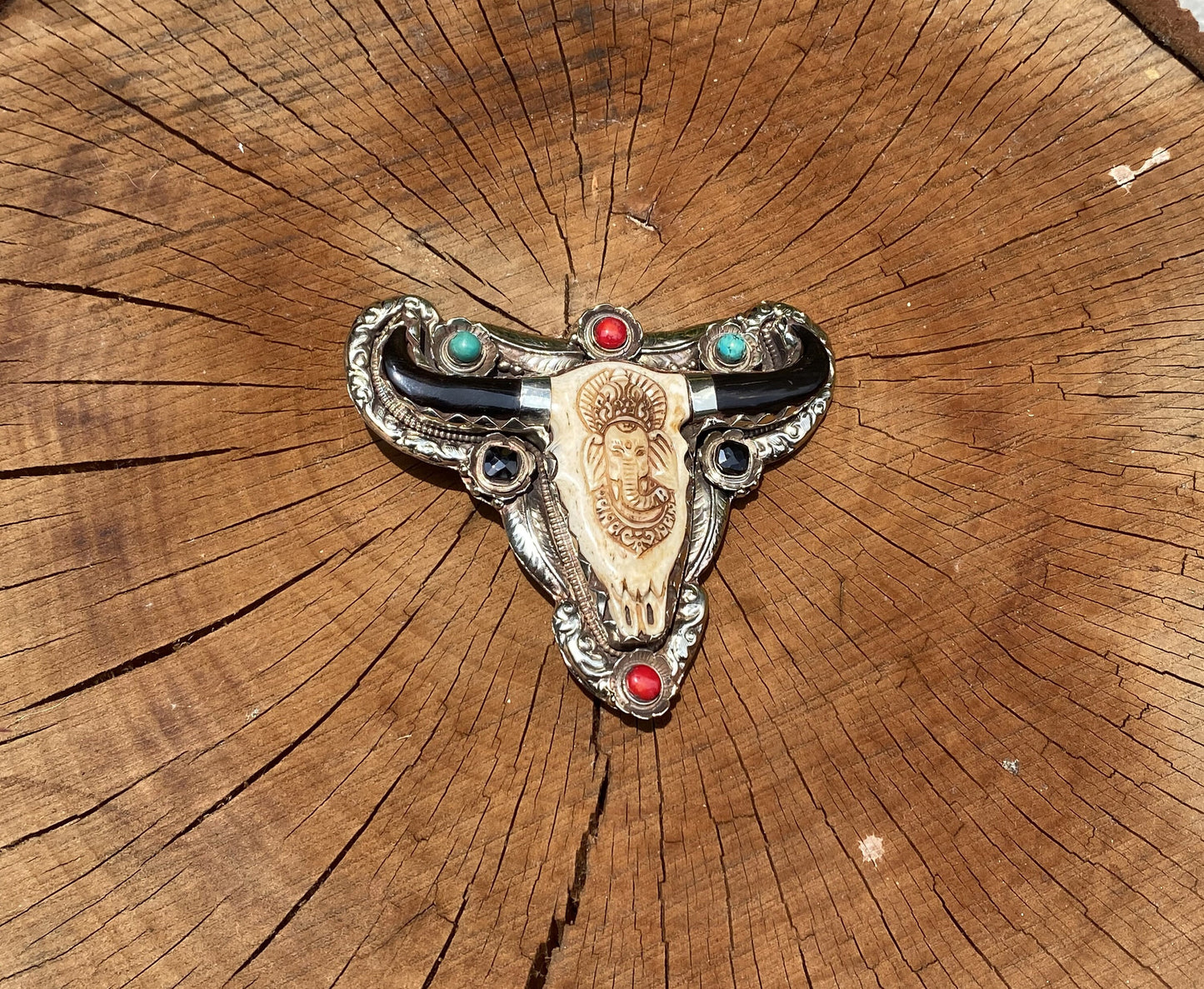 Antique Looks belt buckle for daily use, Tibetan silver buckle adorned with Natural Turquoise, Coral, with Ganesh Head Carved on Bone.