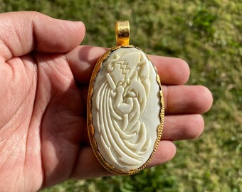 Aquarius Zodiac Symbol Carved Bone 18k Brushed Gold Overlay with Anti Tarnish Pendant, Horoscope Pendant, Zodiac Sign, Astrology Jewelry