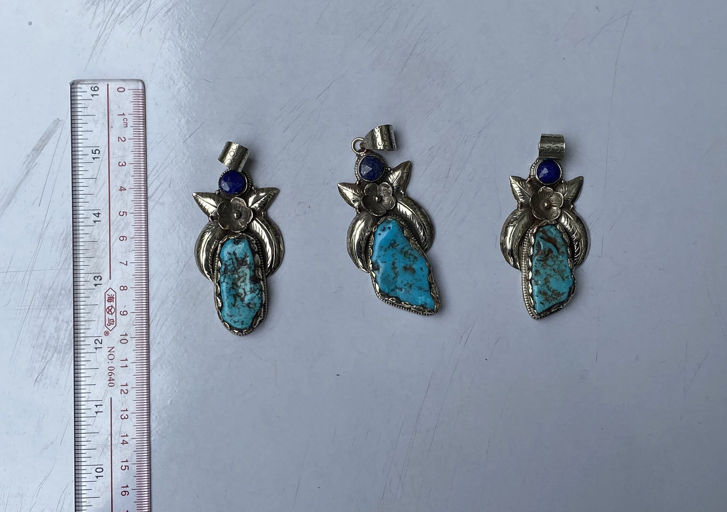 Artisan-Crafted Floral Pendant: Turquoise, Lapis, and Tibetan Silver Beauty, Pendant for Positivity, Hammered design, Unisex boho pendant.