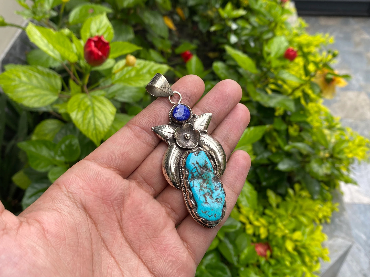 Artisan-Crafted Floral Pendant: Turquoise, Lapis, and Tibetan Silver Beauty, Pendant for Positivity, Hammered design, Unisex boho pendant.