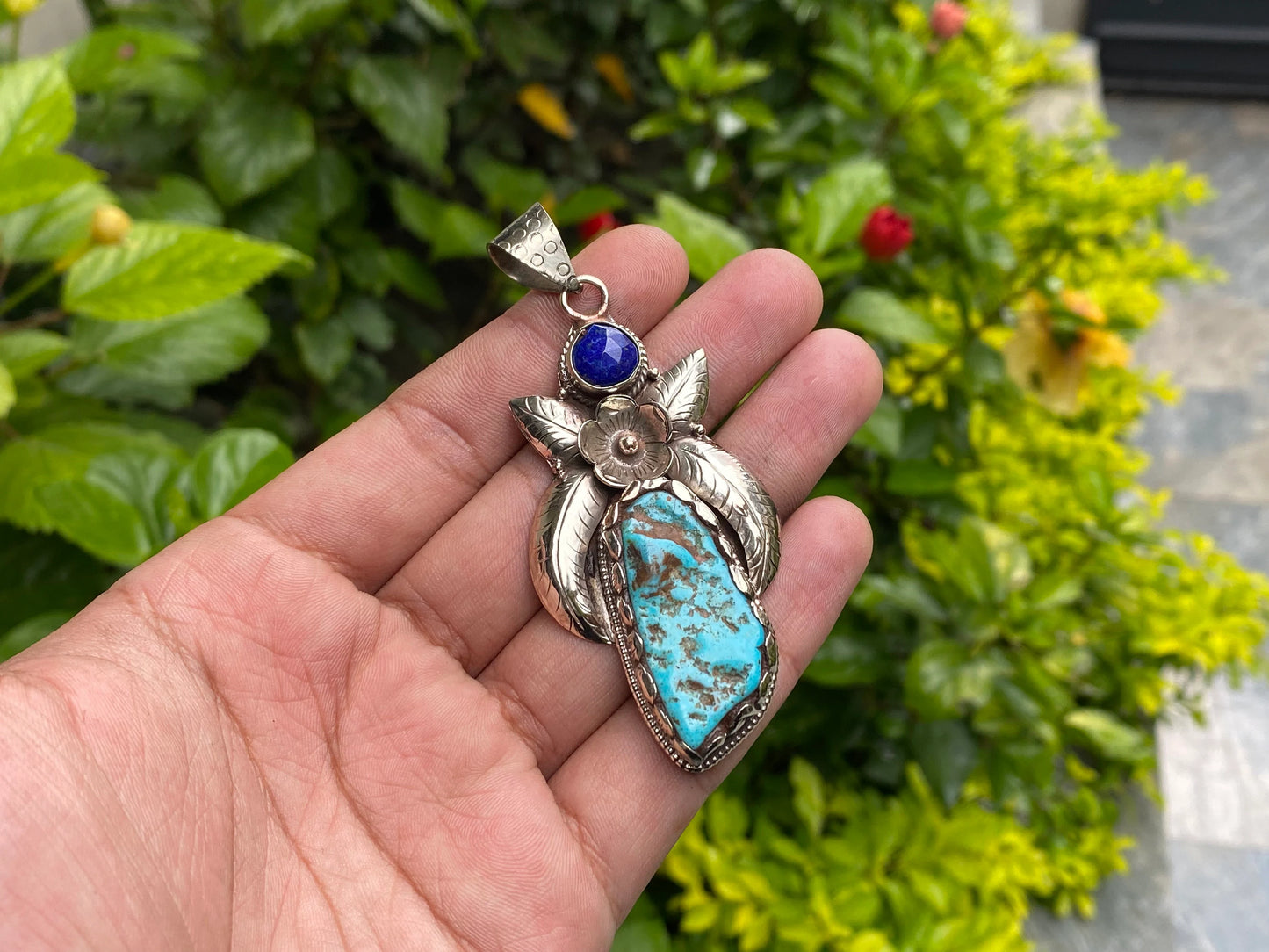 Artisan-Crafted Floral Pendant: Turquoise, Lapis, and Tibetan Silver Beauty, Pendant for Positivity, Hammered design, Unisex boho pendant.