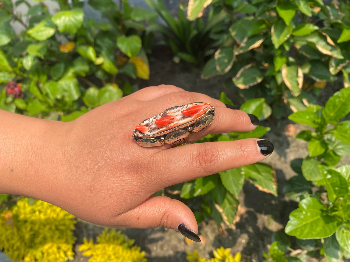 Artisan Crafted Adjustable Tibetan Silver Spiny Oyster Ring, Gift ideas, Antique Ring, Hammered Ring, Aesthetic ring.