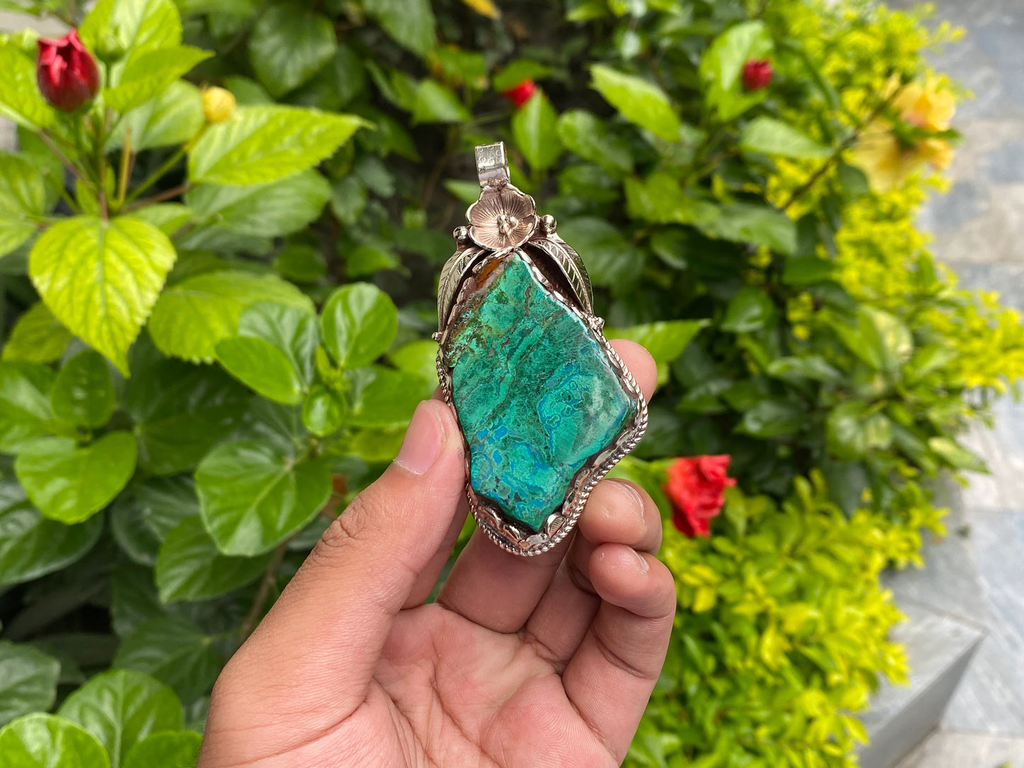 Artisan Crafted Raw Chrysocolla Pendant: Unique Boho Chic Accessory, Healing & Stylish Gift, Handmade with Floral Design, Natural Gemstone.