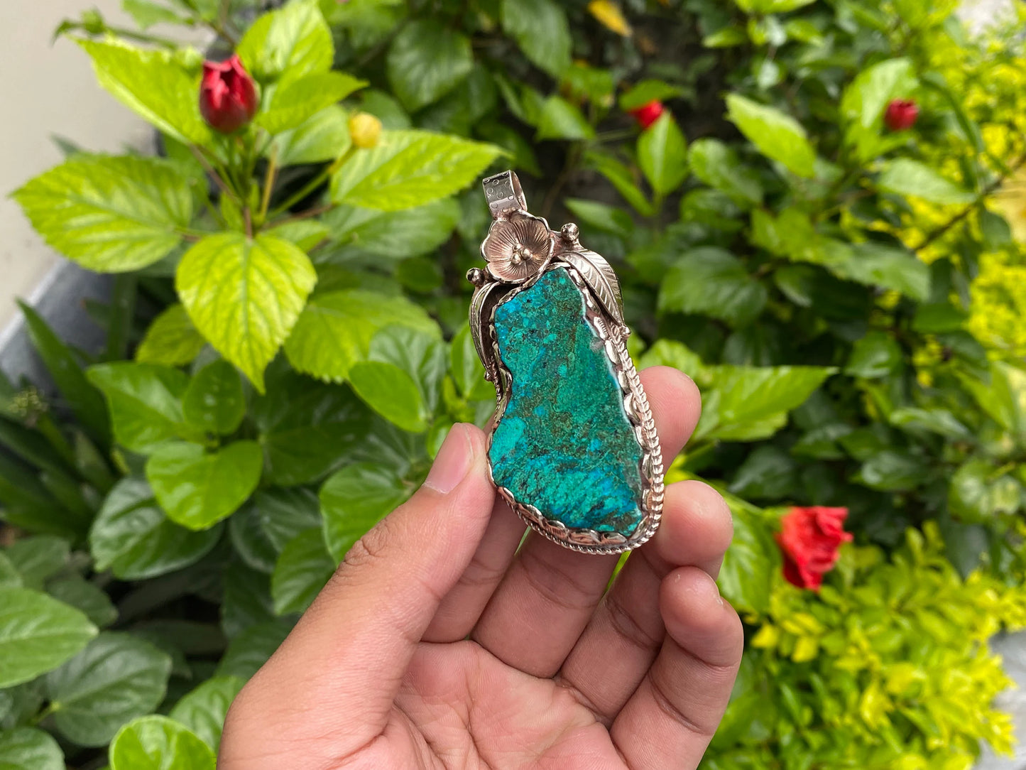 Artisan Crafted Raw Chrysocolla Pendant: Unique Boho Chic Accessory, Healing & Stylish Gift, Handmade with Floral Design, Natural Gemstone.