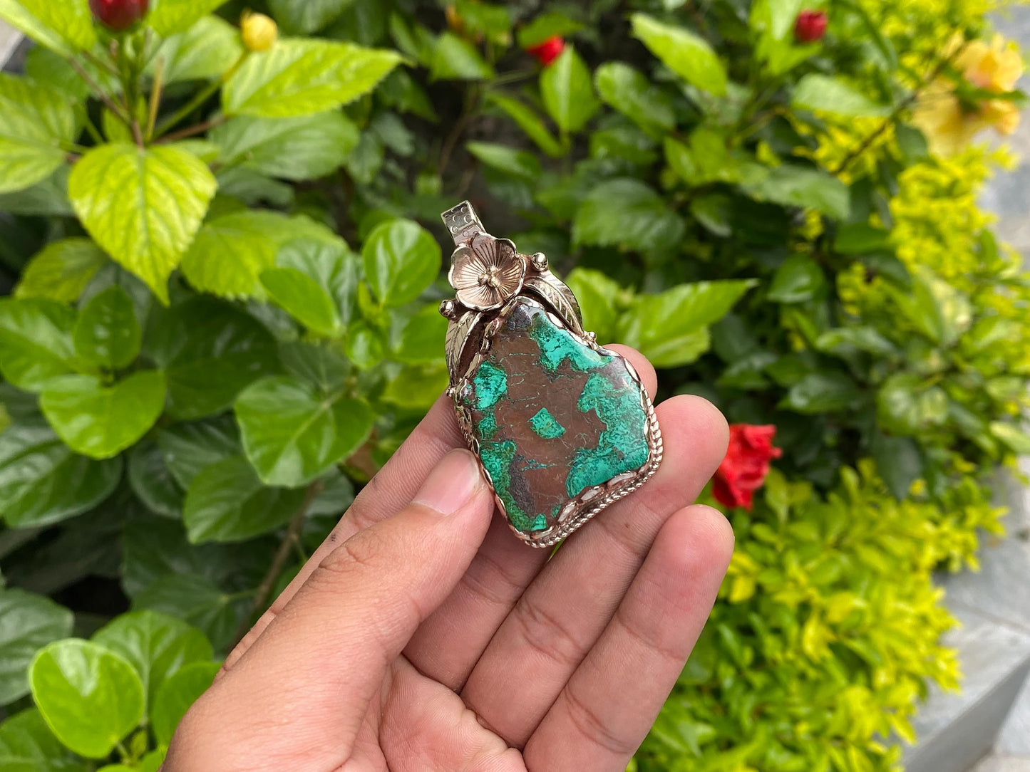 Artisan Crafted Raw Chrysocolla Pendant: Unique Boho Chic Accessory, Healing & Stylish Gift, Handmade with Floral Design, Natural Gemstone.