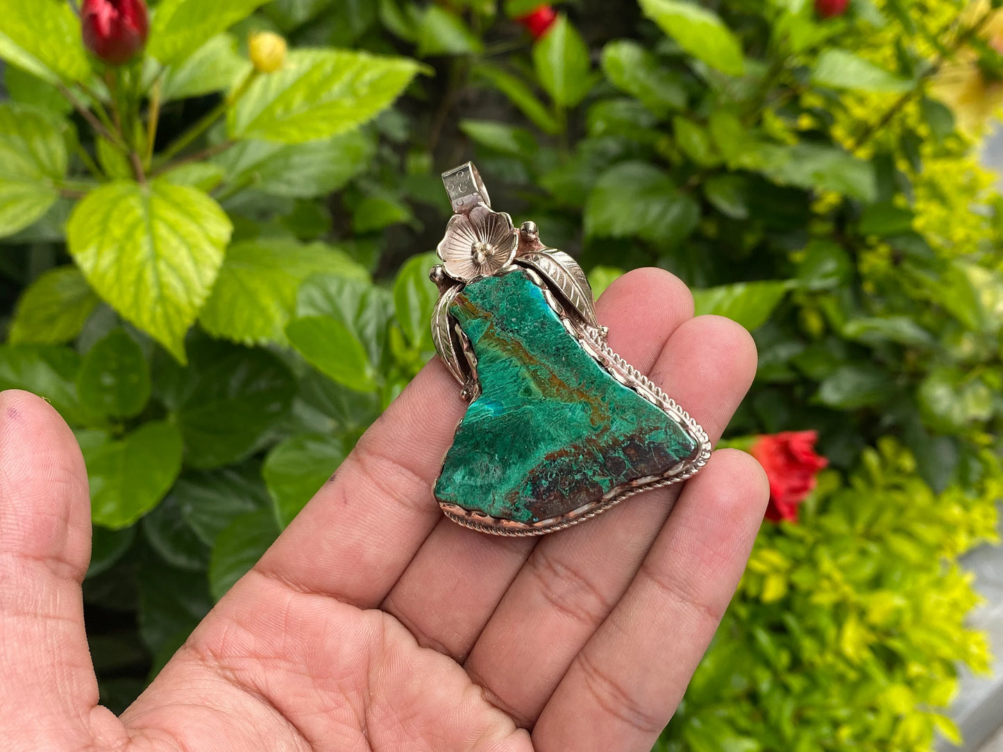 Artisan Crafted Raw Chrysocolla Pendant: Unique Boho Chic Accessory, Healing & Stylish Gift, Handmade with Floral Design, Natural Gemstone.