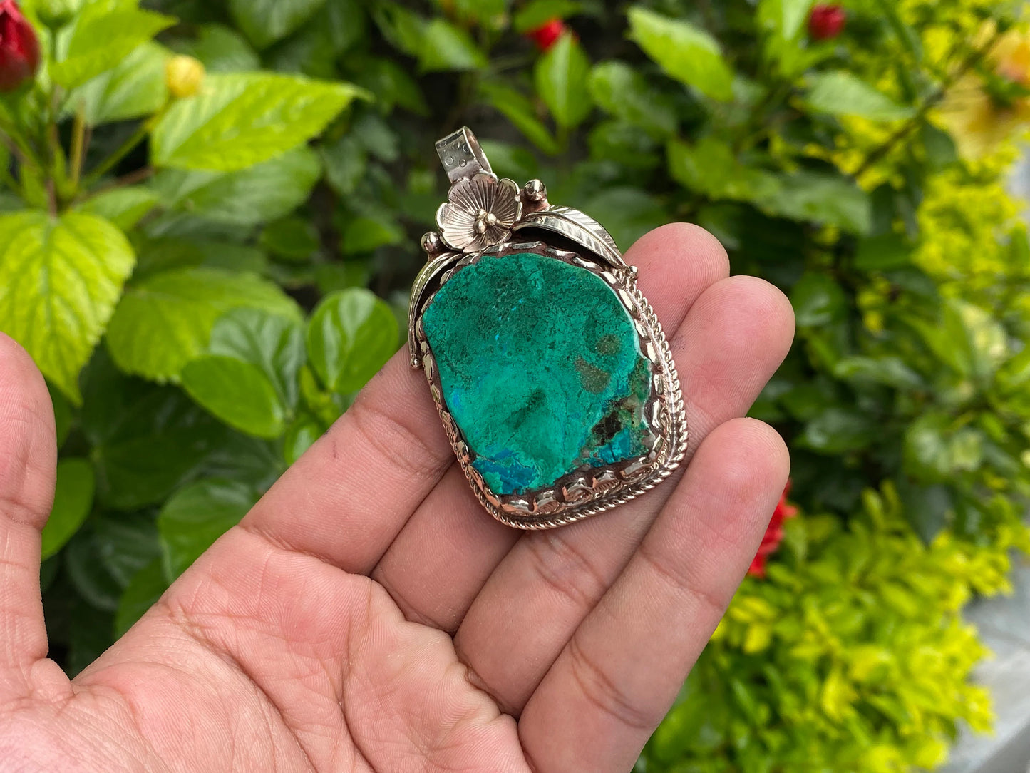 Artisan Crafted Raw Chrysocolla Pendant: Unique Boho Chic Accessory, Healing & Stylish Gift, Handmade with Floral Design, Natural Gemstone.