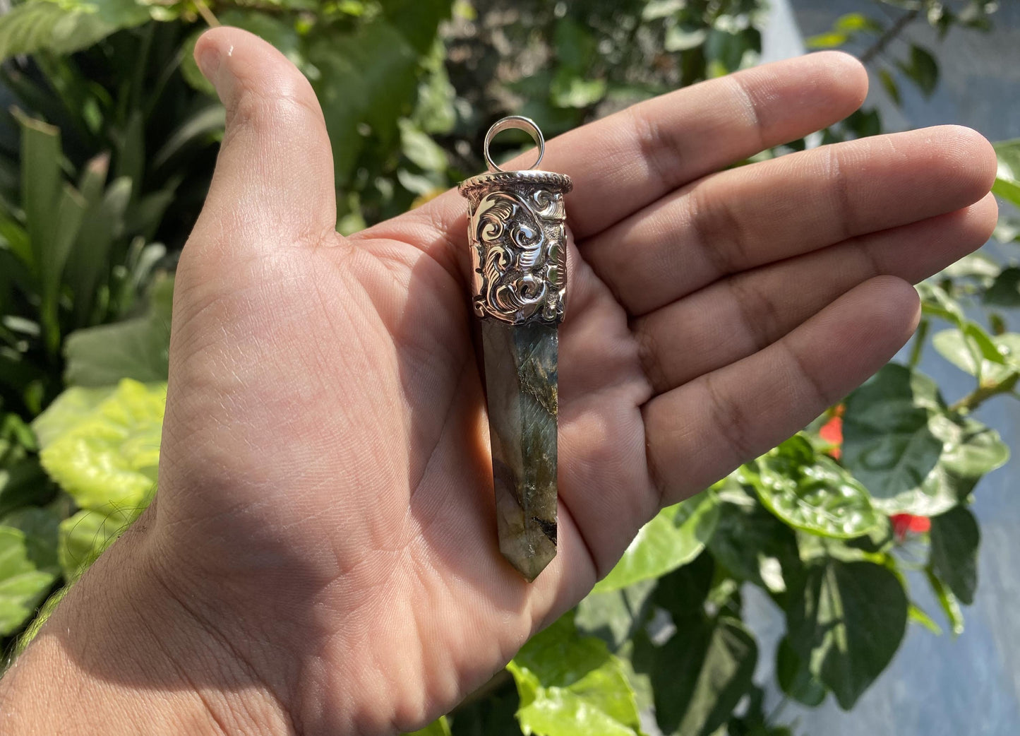 Artisan Labradorite Pendant in Hammered Tibetan Silver | Jewelry for Men or Women, Big Pointed Pendant, Unique Healing Pendant, Daily Wear