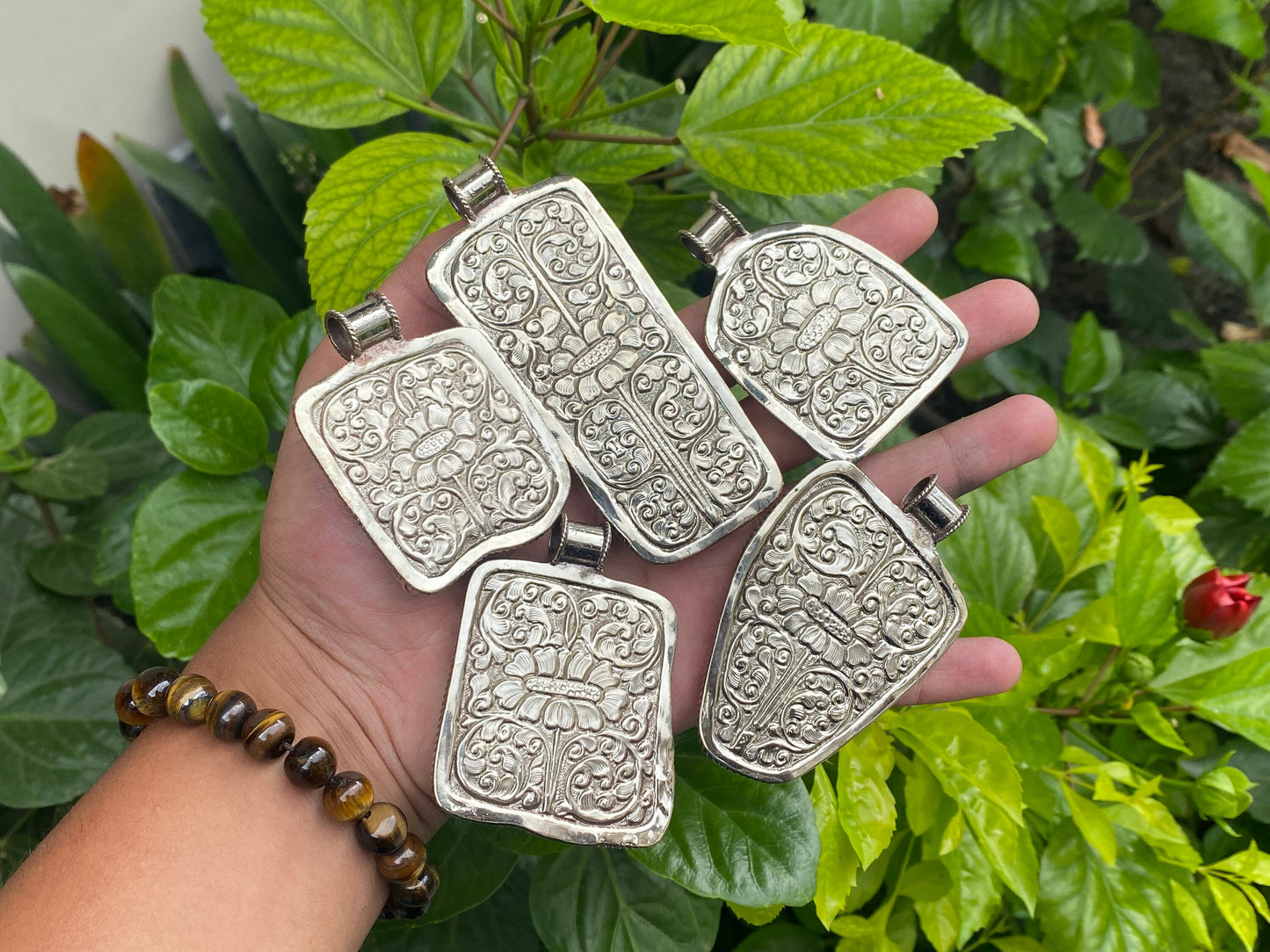 Artisanal Lapis & Coral Pendant with Tibetan Silver - Unisex Boho Floral Design, Collectible Jewelry, Hammered Pendant, Unique Gift ideas.