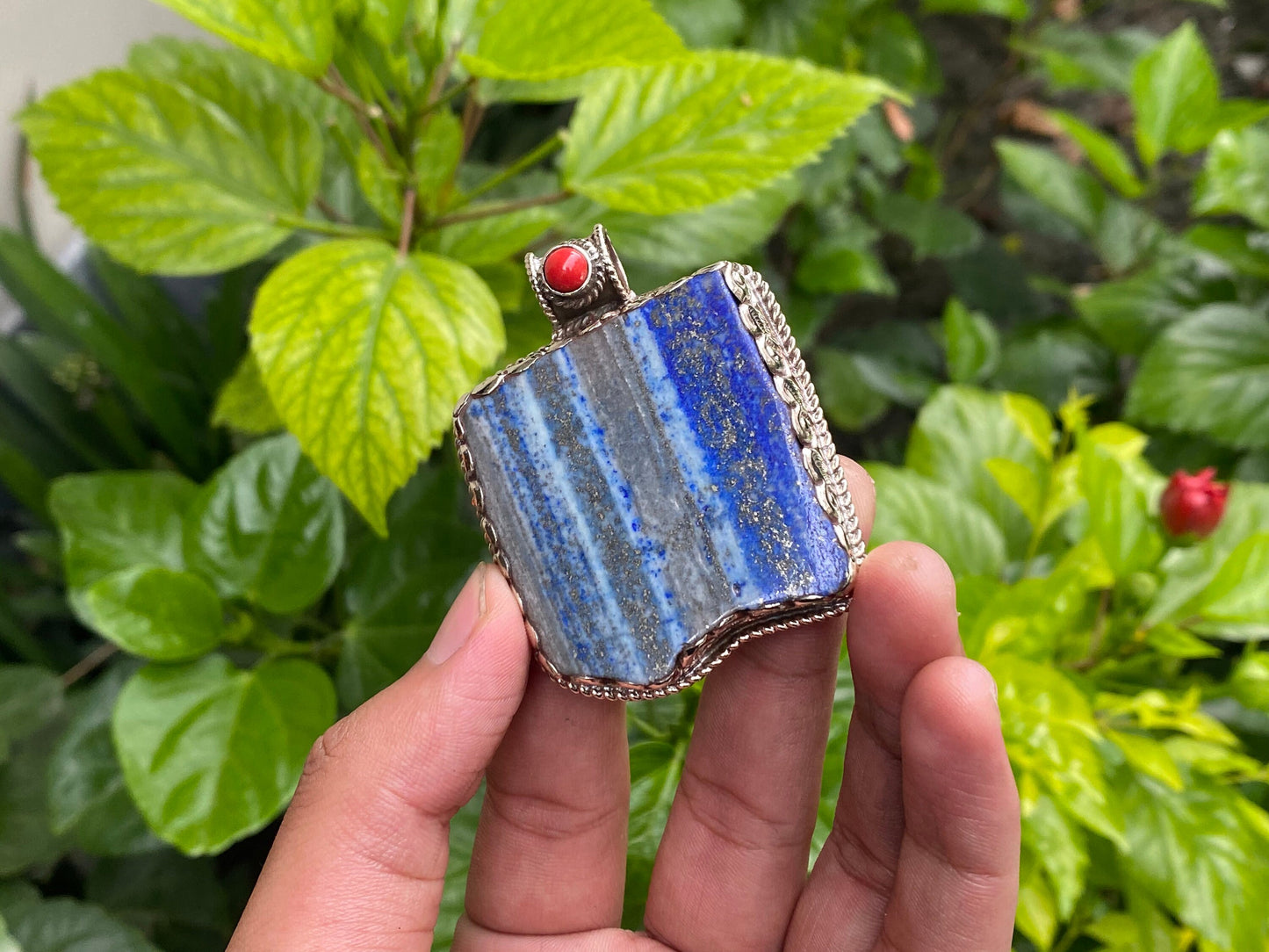 Artisanal Lapis & Coral Pendant with Tibetan Silver - Unisex Boho Floral Design, Collectible Jewelry, Hammered Pendant, Unique Gift ideas.