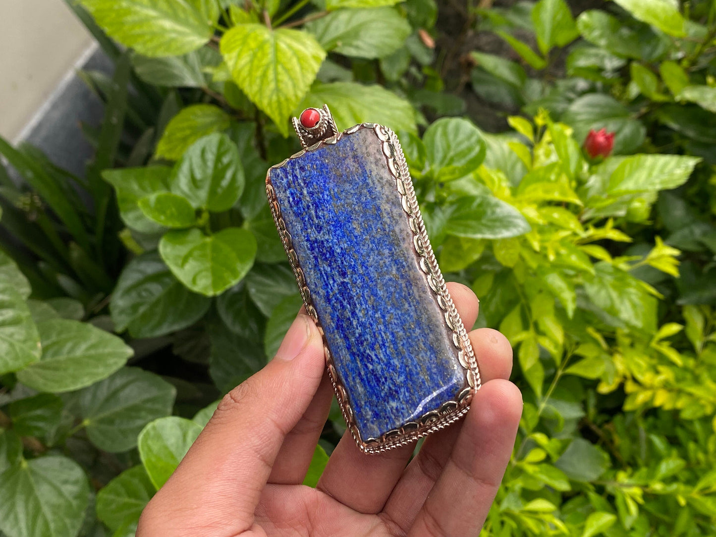 Artisanal Lapis & Coral Pendant with Tibetan Silver - Unisex Boho Floral Design, Collectible Jewelry, Hammered Pendant, Unique Gift ideas.