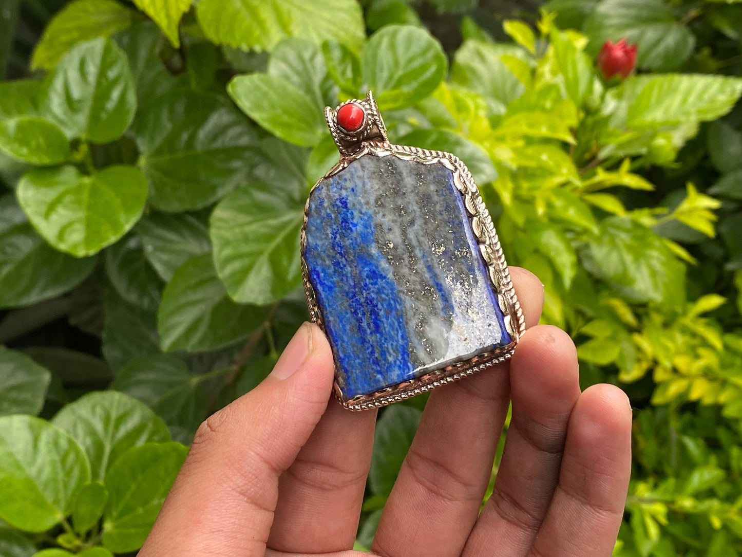 Artisanal Lapis & Coral Pendant with Tibetan Silver - Unisex Boho Floral Design, Collectible Jewelry, Hammered Pendant, Unique Gift ideas.