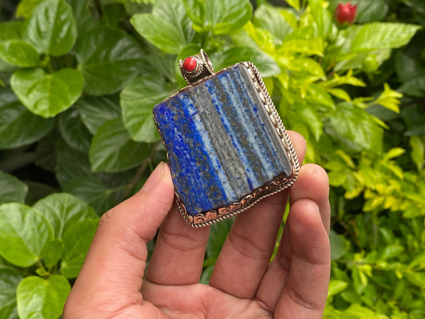 Artisanal Lapis & Coral Pendant with Tibetan Silver - Unisex Boho Floral Design, Collectible Jewelry, Hammered Pendant, Unique Gift ideas.