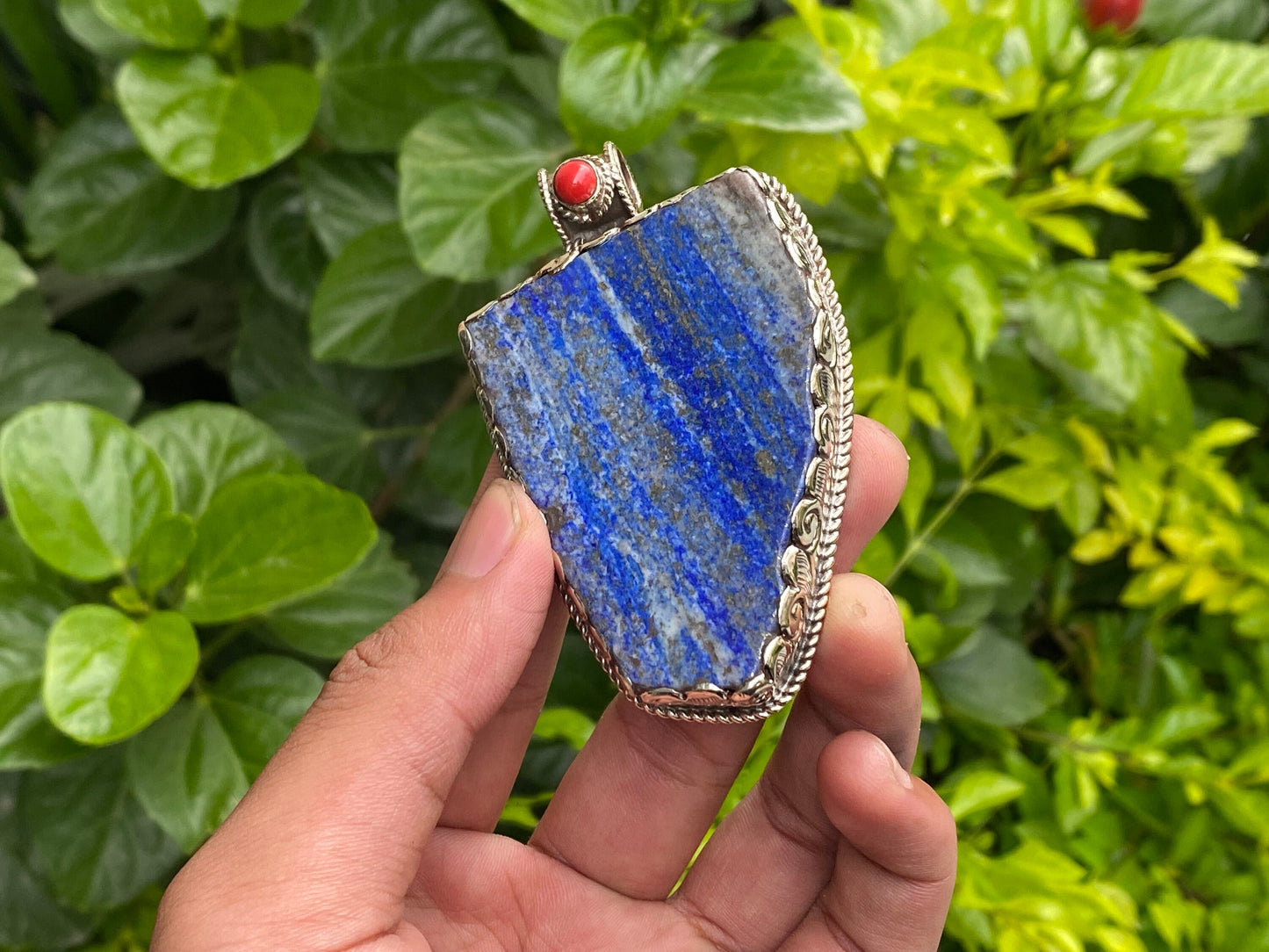 Artisanal Lapis & Coral Pendant with Tibetan Silver - Unisex Boho Floral Design, Collectible Jewelry, Hammered Pendant, Unique Gift ideas.
