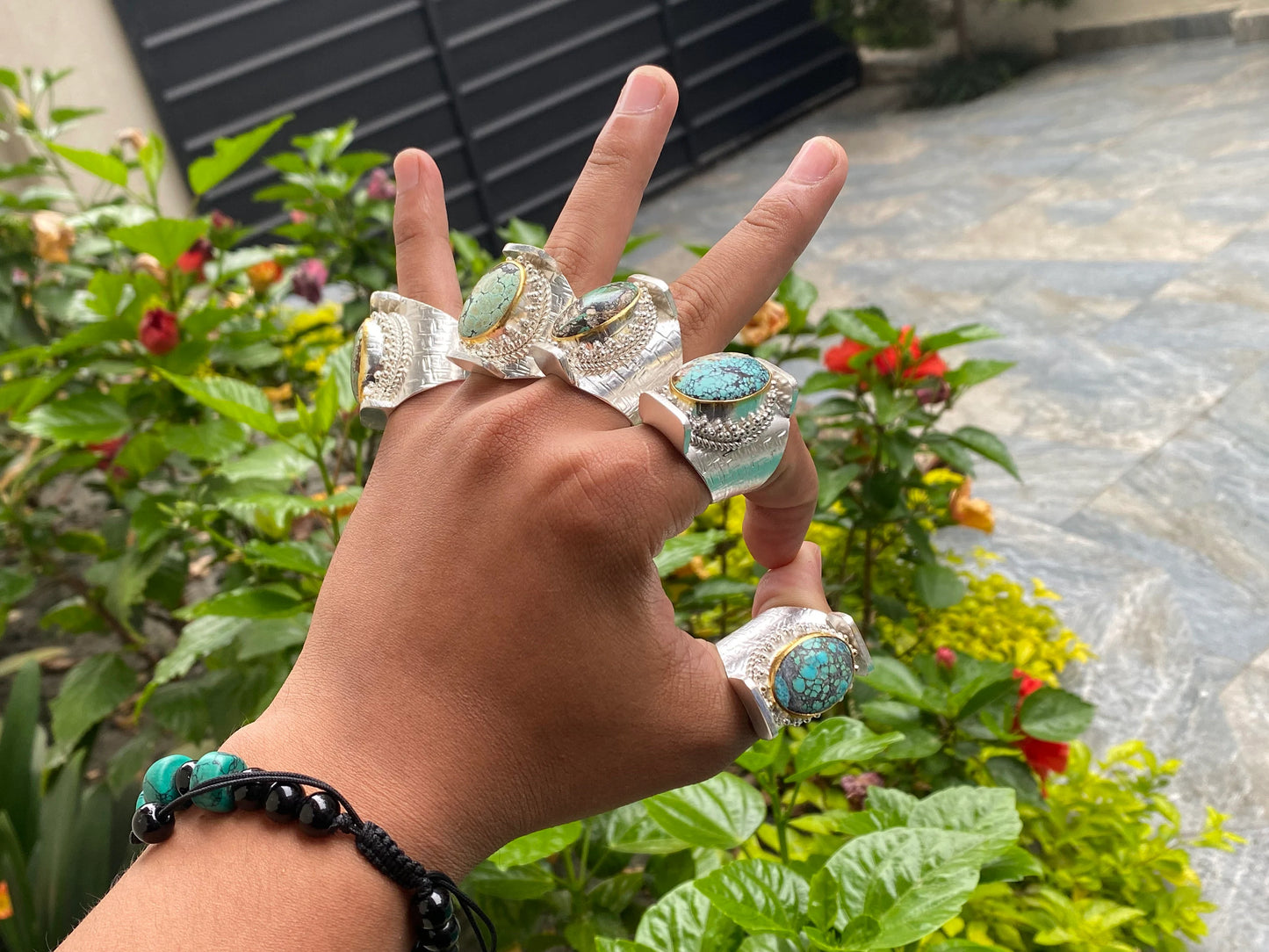 Artistry From Nepal: Handmade Turquoise Hippie Ring, Adjustable Ring, Hammered Ring, Two Tone Ring.