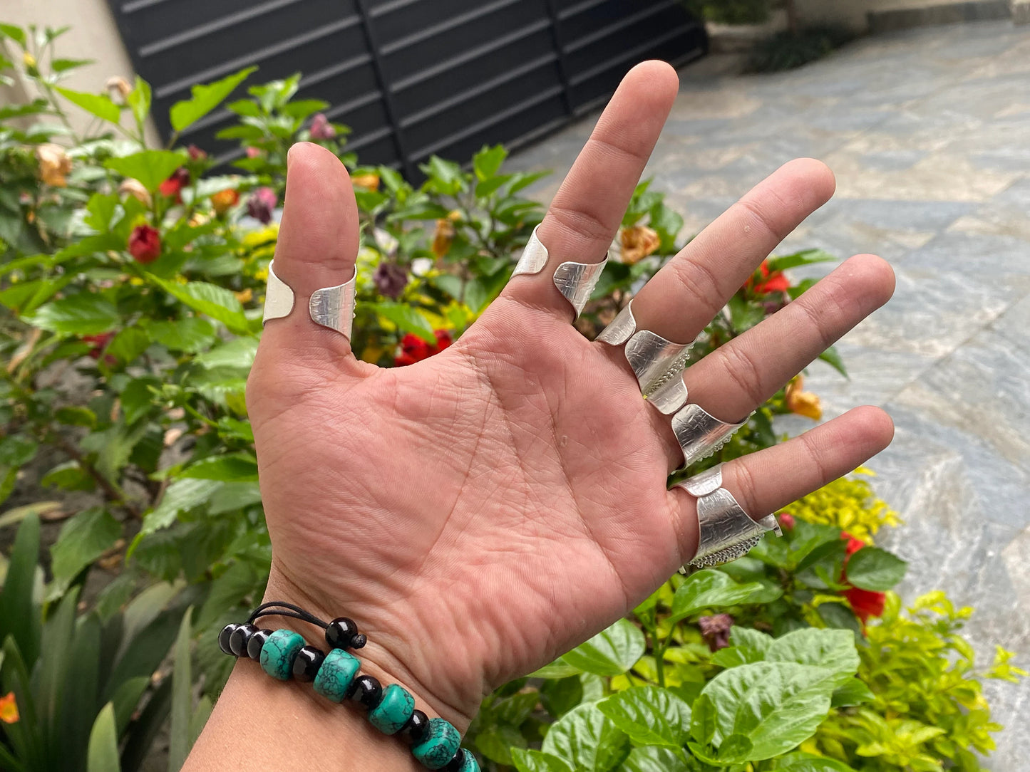 Artistry From Nepal: Handmade Turquoise Hippie Ring, Adjustable Ring, Hammered Ring, Two Tone Ring.