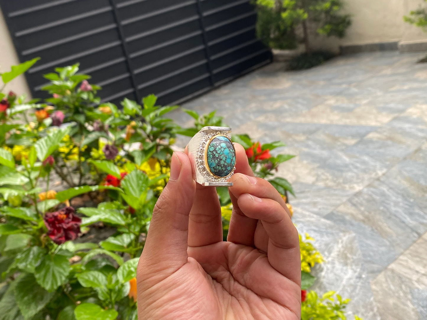 Artistry From Nepal: Handmade Turquoise Hippie Ring, Adjustable Ring, Hammered Ring, Two Tone Ring.