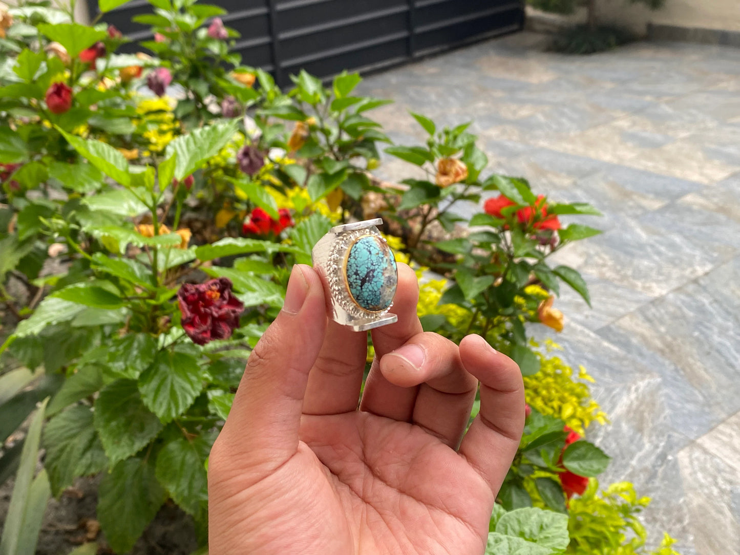 Artistry From Nepal: Handmade Turquoise Hippie Ring, Adjustable Ring, Hammered Ring, Two Tone Ring.