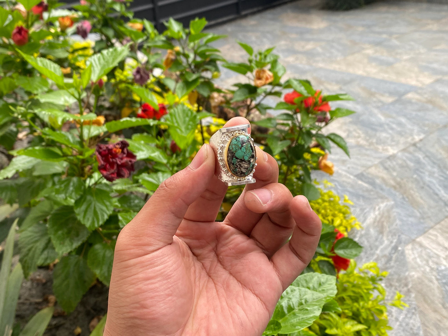 Artistry From Nepal: Handmade Turquoise Hippie Ring, Adjustable Ring, Hammered Ring, Two Tone Ring.