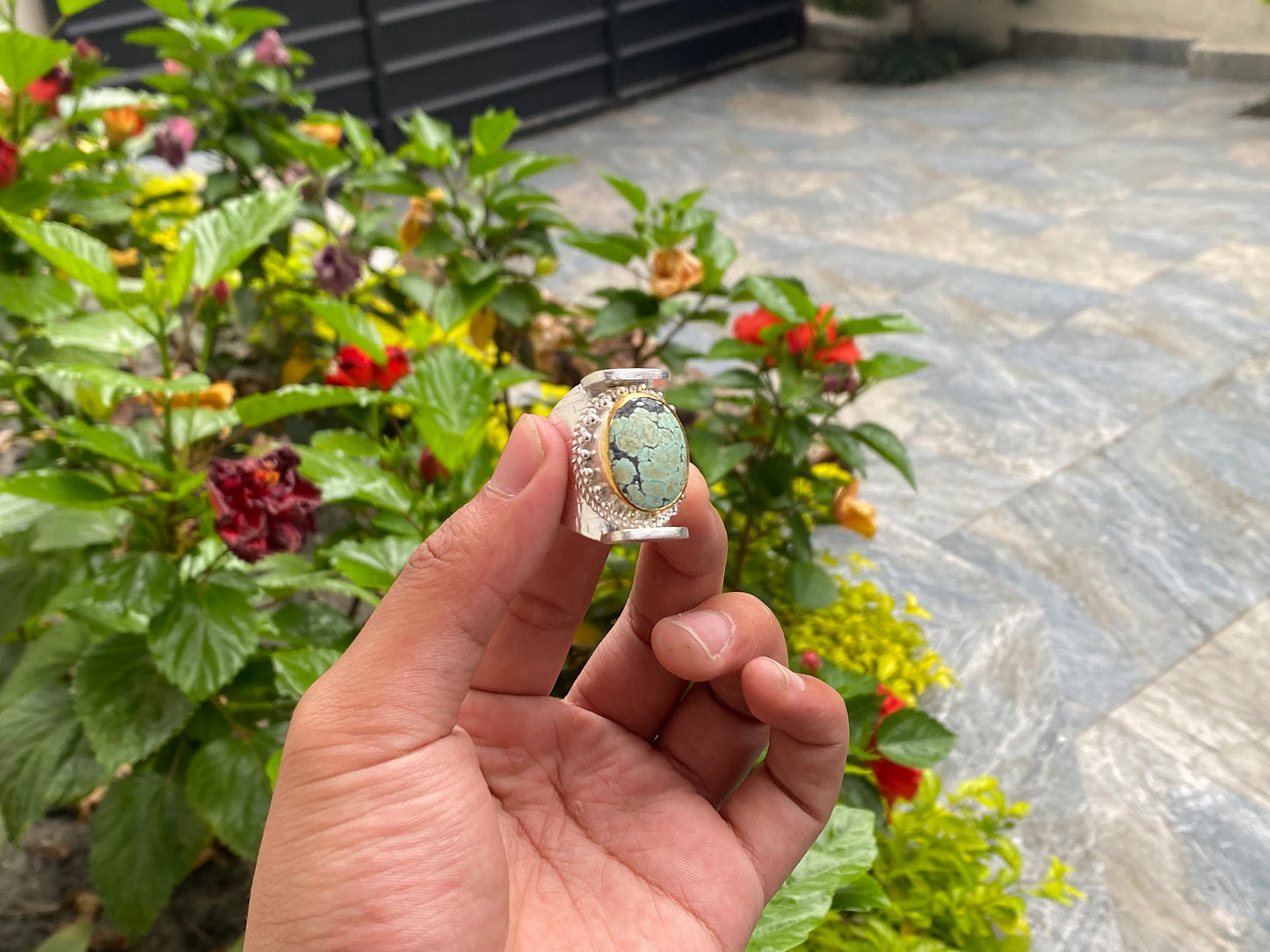 Artistry From Nepal: Handmade Turquoise Hippie Ring, Adjustable Ring, Hammered Ring, Two Tone Ring.