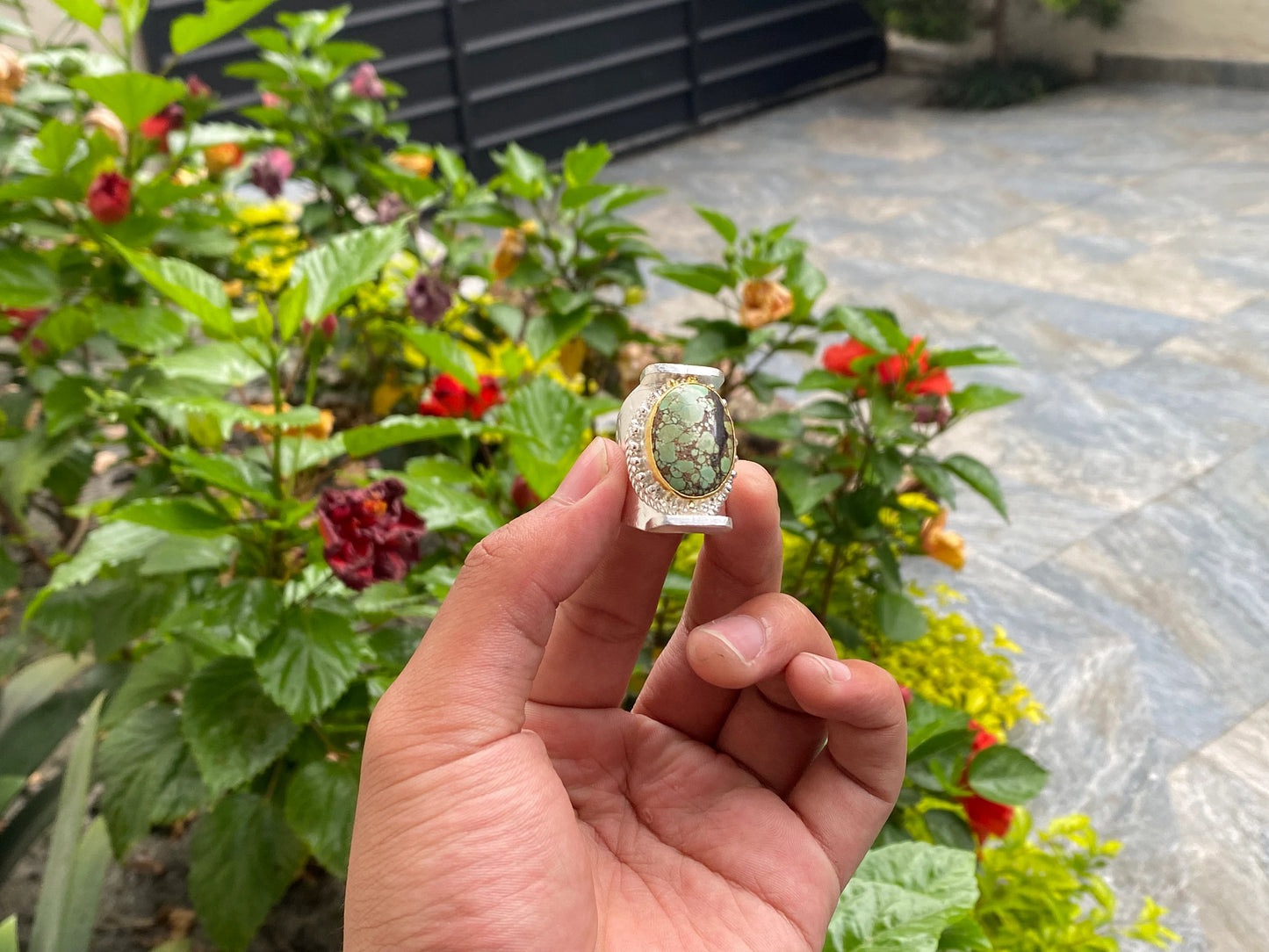 Artistry From Nepal: Handmade Turquoise Hippie Ring, Adjustable Ring, Hammered Ring, Two Tone Ring.
