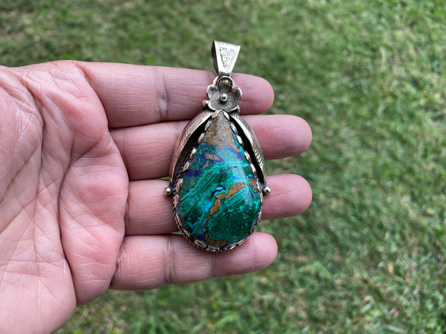Azurite with Malachite Natural Rare Stone Tibetan Silver Pendant, Handcrafted Jewelry, Unique Stone Pendant, Ethnic Inspired Jewelry
