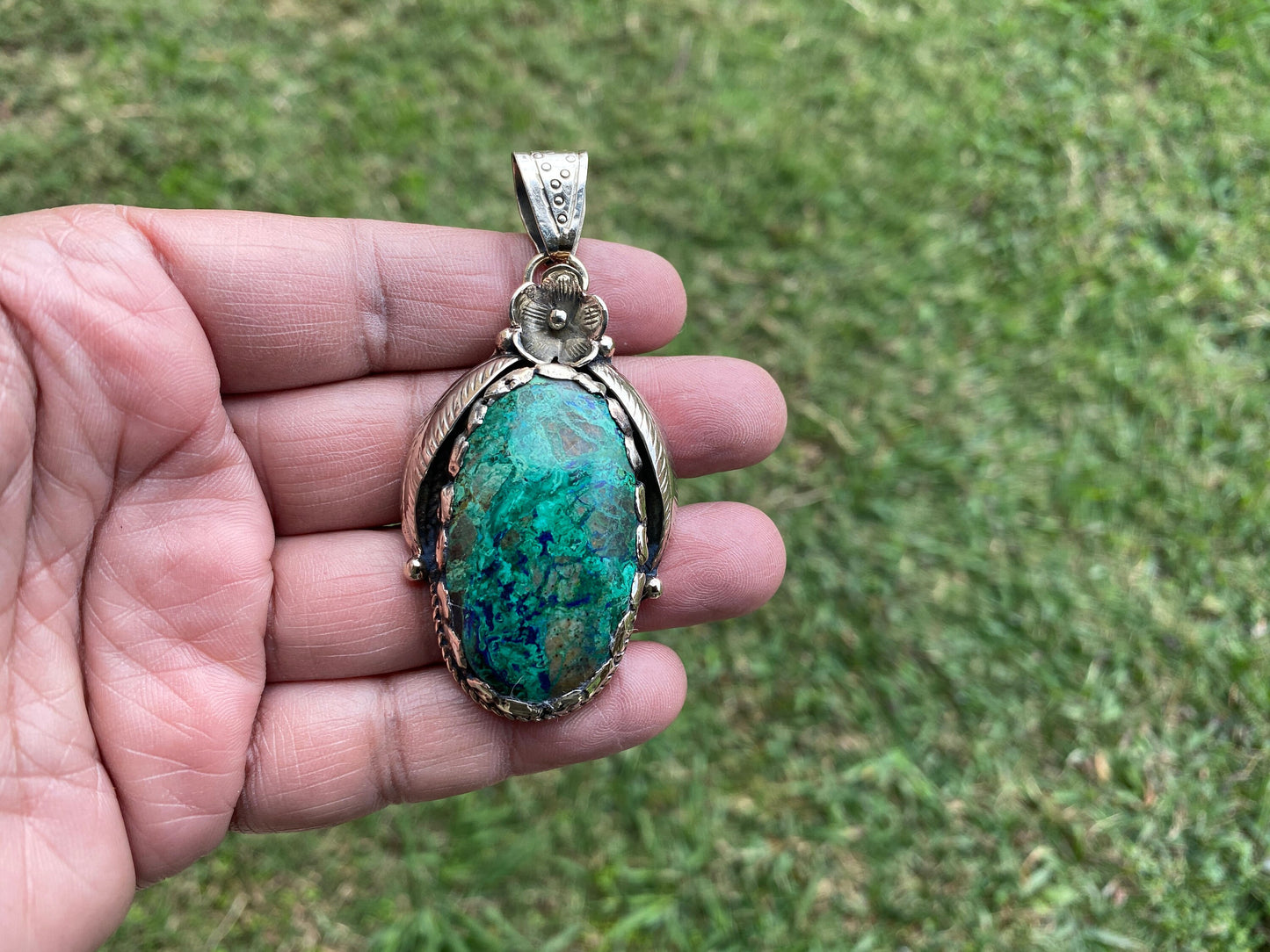 Azurite with Malachite Natural Rare Stone Tibetan Silver Pendant, Handcrafted Jewelry, Unique Stone Pendant, Ethnic Inspired Jewelry