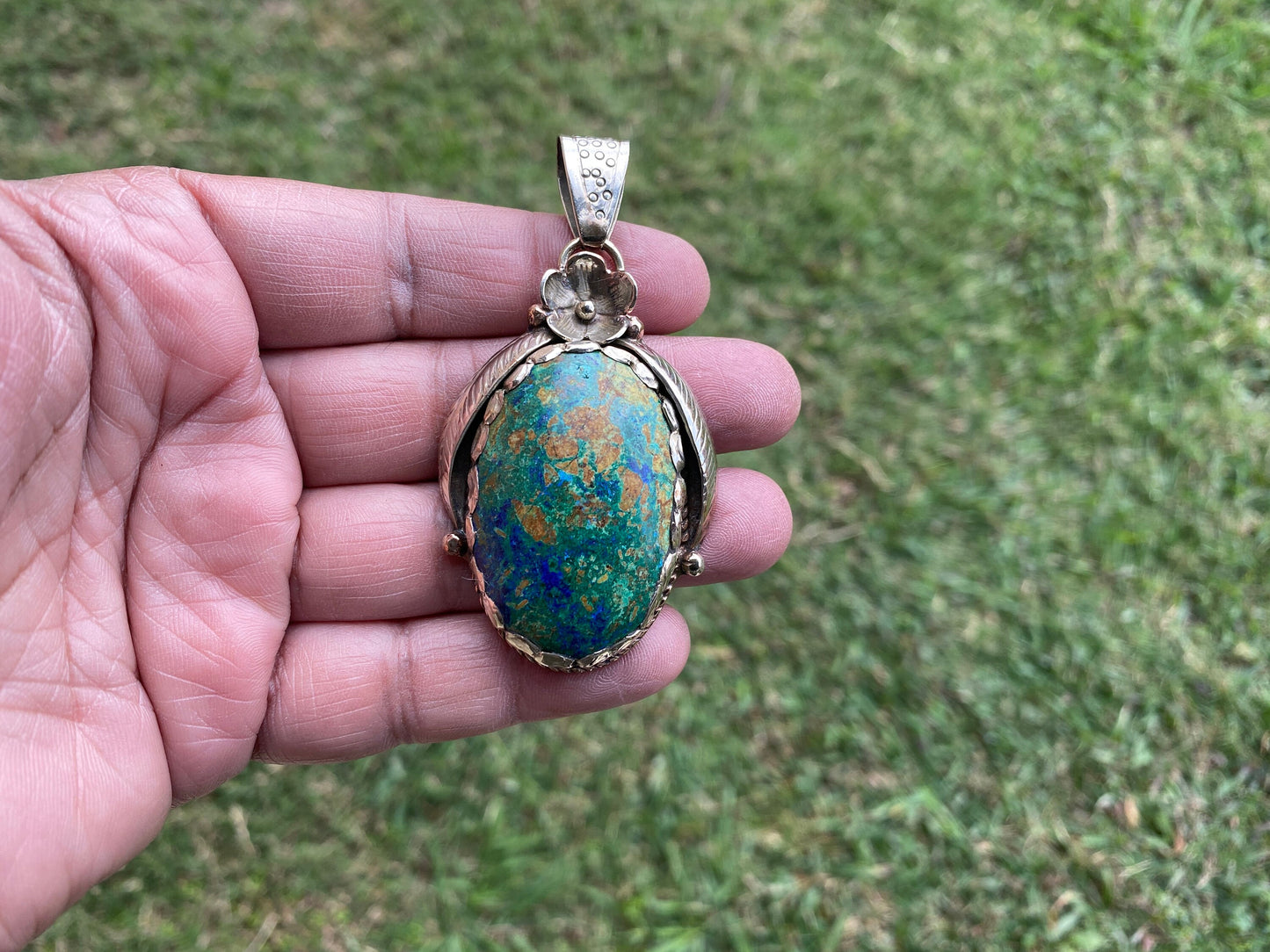 Azurite with Malachite Natural Rare Stone Tibetan Silver Pendant, Handcrafted Jewelry, Unique Stone Pendant, Ethnic Inspired Jewelry