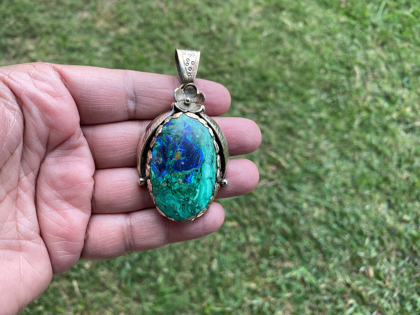 Azurite with Malachite Natural Rare Stone Tibetan Silver Pendant, Handcrafted Jewelry, Unique Stone Pendant, Ethnic Inspired Jewelry