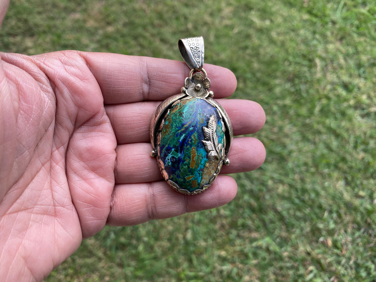 Azurite with Malachite Natural Rare Stone Tibetan Silver Pendant, Handcrafted Jewelry, Unique Stone Pendant, Ethnic Inspired Jewelry