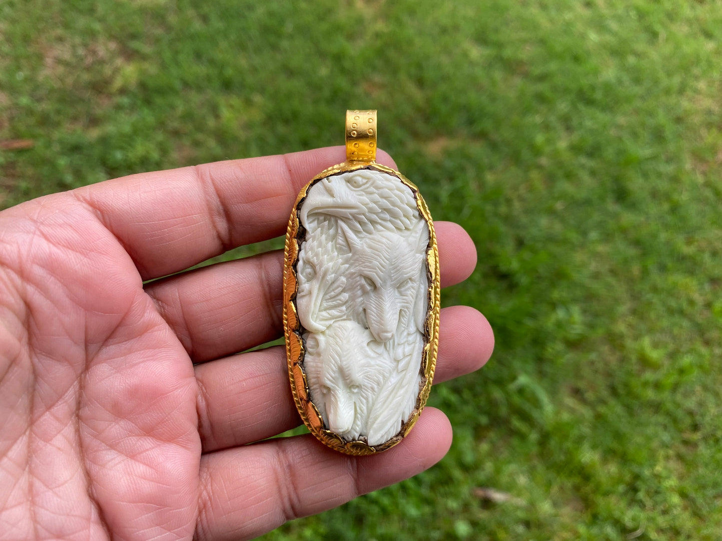 Bear & Eagle Buffalo Bone High Quality 18K Matte Gold Overlay Non Tarnish Pendant, Jewelry for Men or Women, Animal Lover Pendant