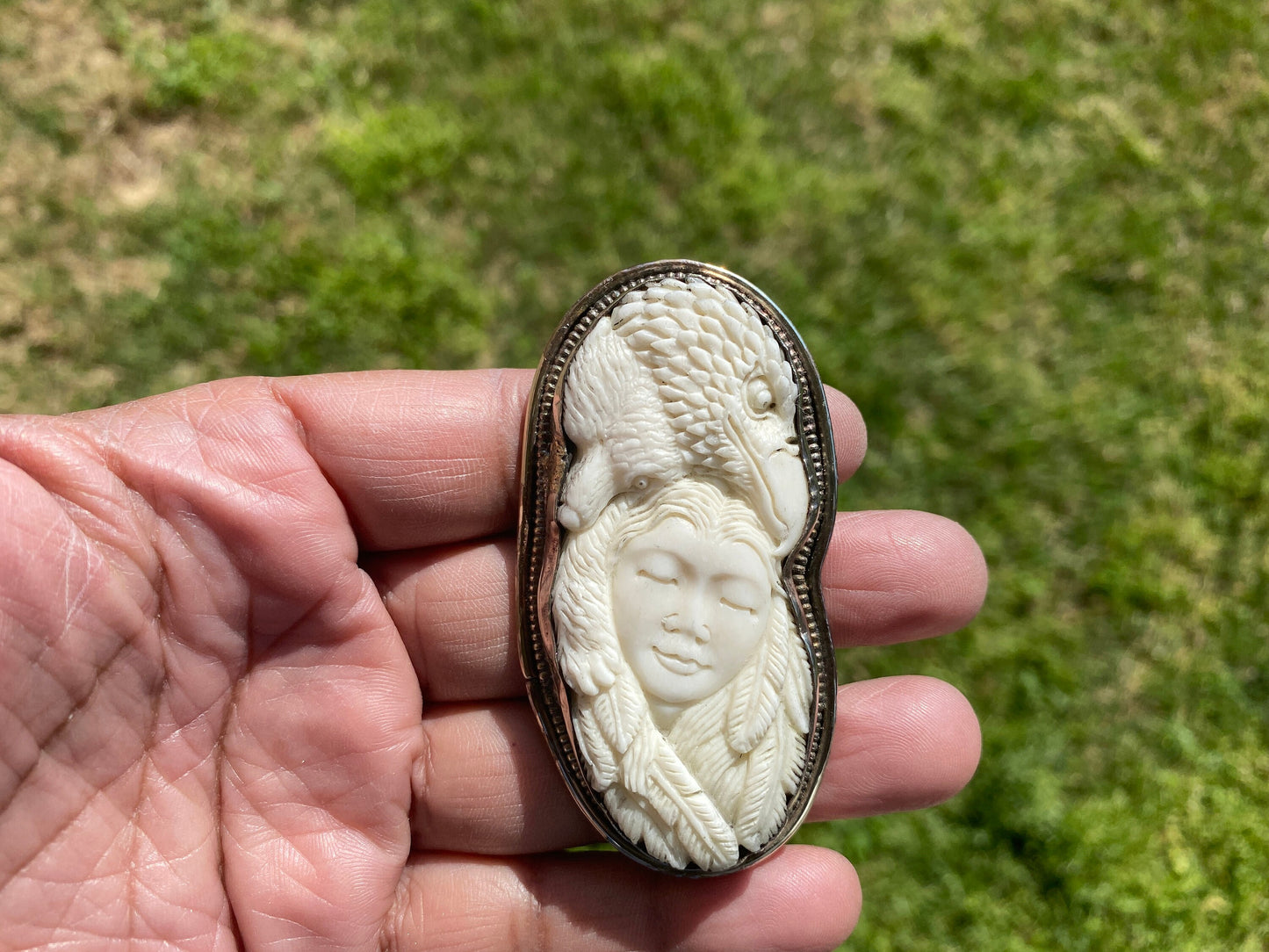 Bear & Eagle with Lady Face Hand Carved Buffalo Bone Tibetan Silver Pendant, Women's or Men Jewelry, Tribal Jewelry, Ethnic Bohemian Jewelry
