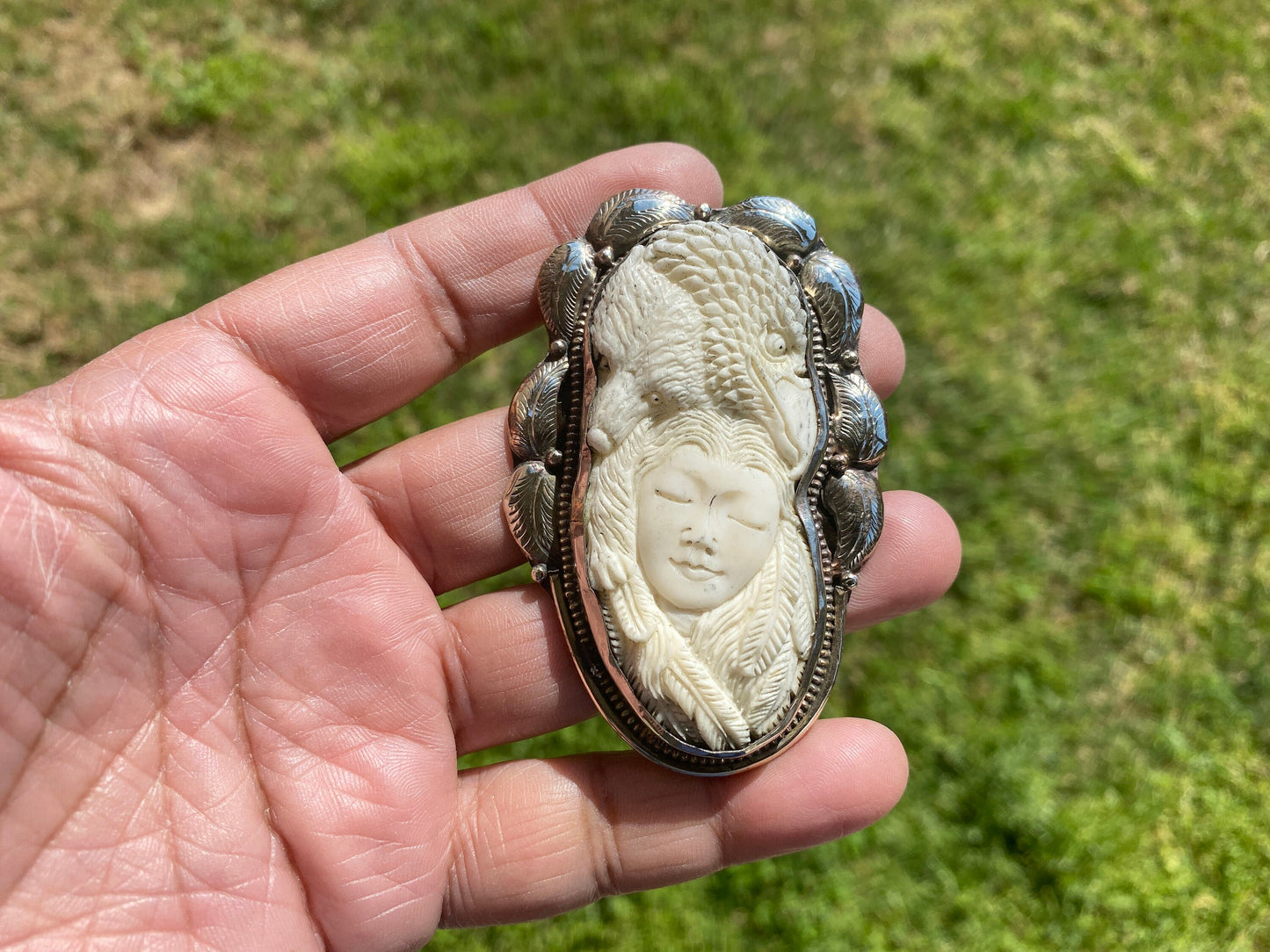 Bear & Eagle with Lady Face Hand Carved Buffalo Bone Tibetan Silver Pendant, Women's or Men Jewelry, Tribal Jewelry, Ethnic Bohemian Jewelry