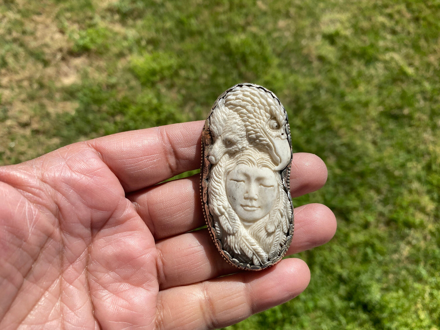 Bear & Eagle with Lady Face Hand Carved Buffalo Bone Tibetan Silver Pendant, Women's or Men Jewelry, Tribal Jewelry, Ethnic Bohemian Jewelry