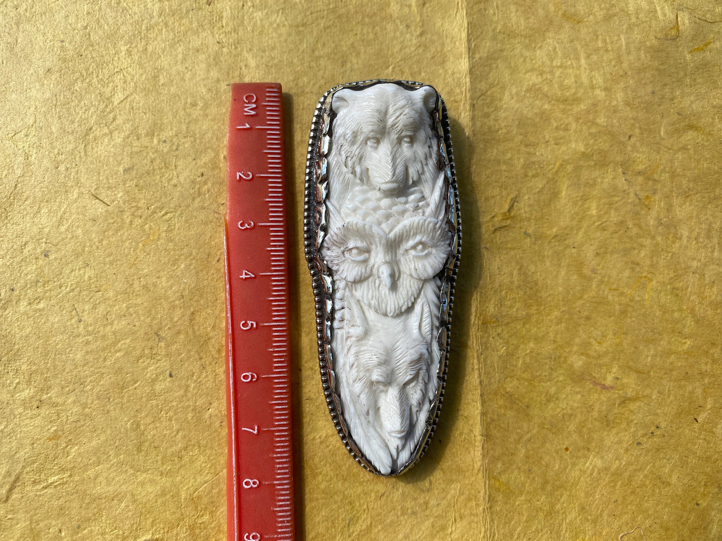 Bear & Owl with Wolf Hand carved Bone Tibetan Silver Large Pendant, Jewelry for Men/ Women, Animal Lover, Bohemian Jewelry, Tribal Jewelry