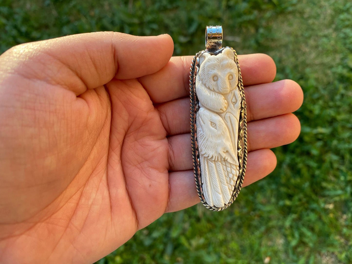 Bear & Wolf wit Eagle Buffalo Bone Hand Carved Tibetan Silver Pendant, Jewelry for Men or Women, Ethnic Jewelry, Wild Life Jewelry, Animal