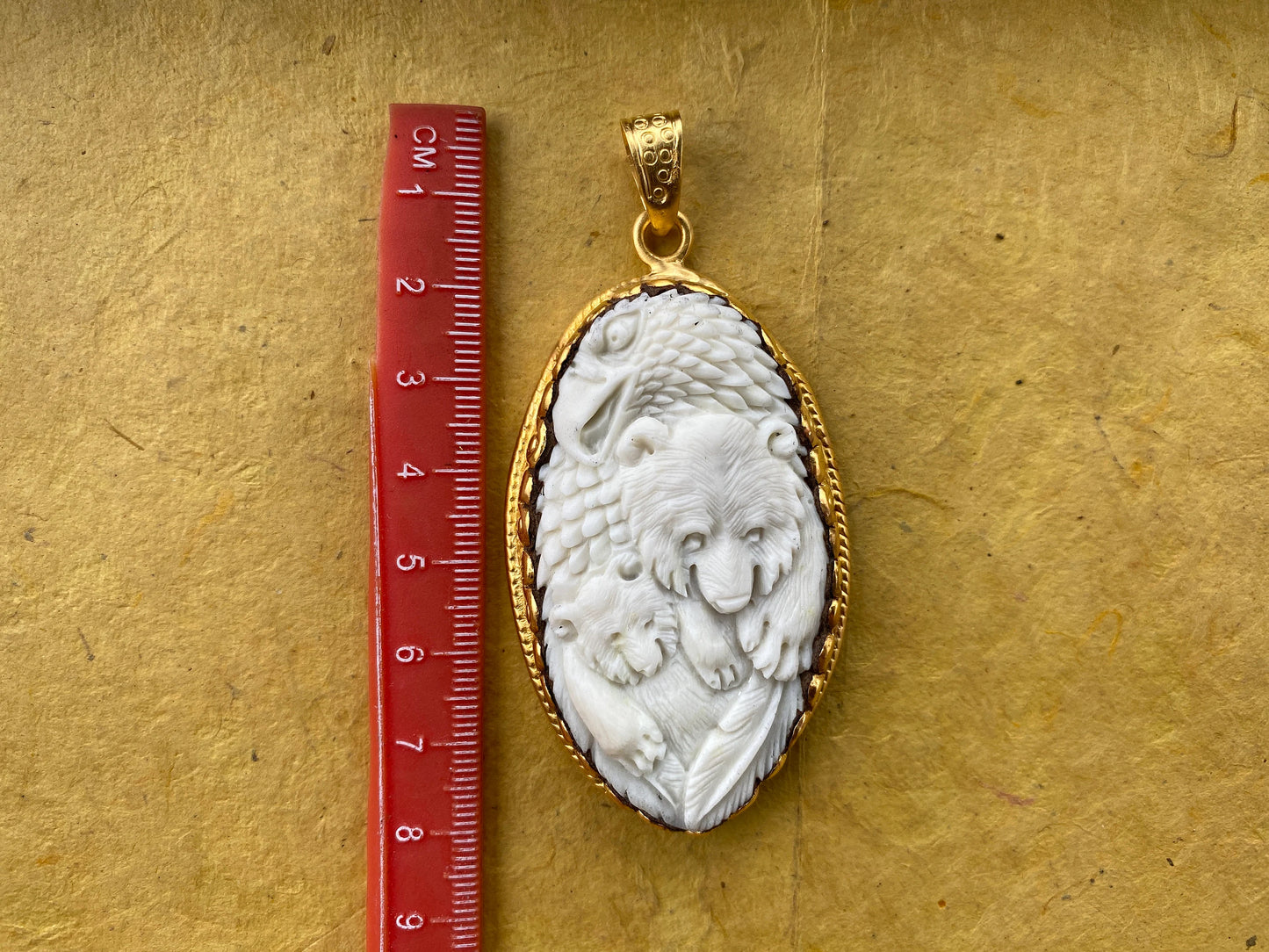 Bear with Eagle, Buffalo Bone Hand Carved High Quality 18k Brushed Gold Overlay Non Tarnish Pendant, for Men or Women, Animal Lover Pendant