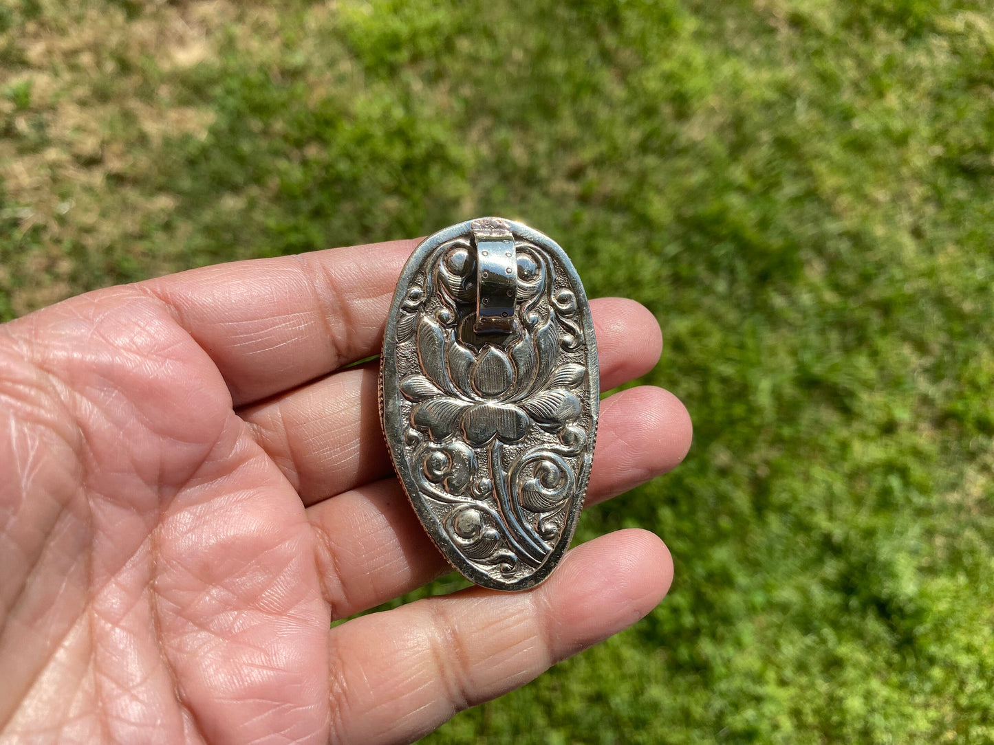 Bear with Eagle Buffalo Bone Hand Carved Tibetan Silver Pendant, Repousse Silver Pendant, Jewelry for Men or Women, Animal Lover Pendant