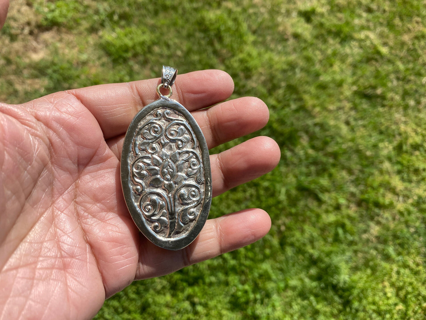Bear with Eagle Buffalo Bone Hand Carved Tibetan Silver Pendant, Repousse Silver Pendant, Jewelry for Men or Women, Animal Lover Pendant