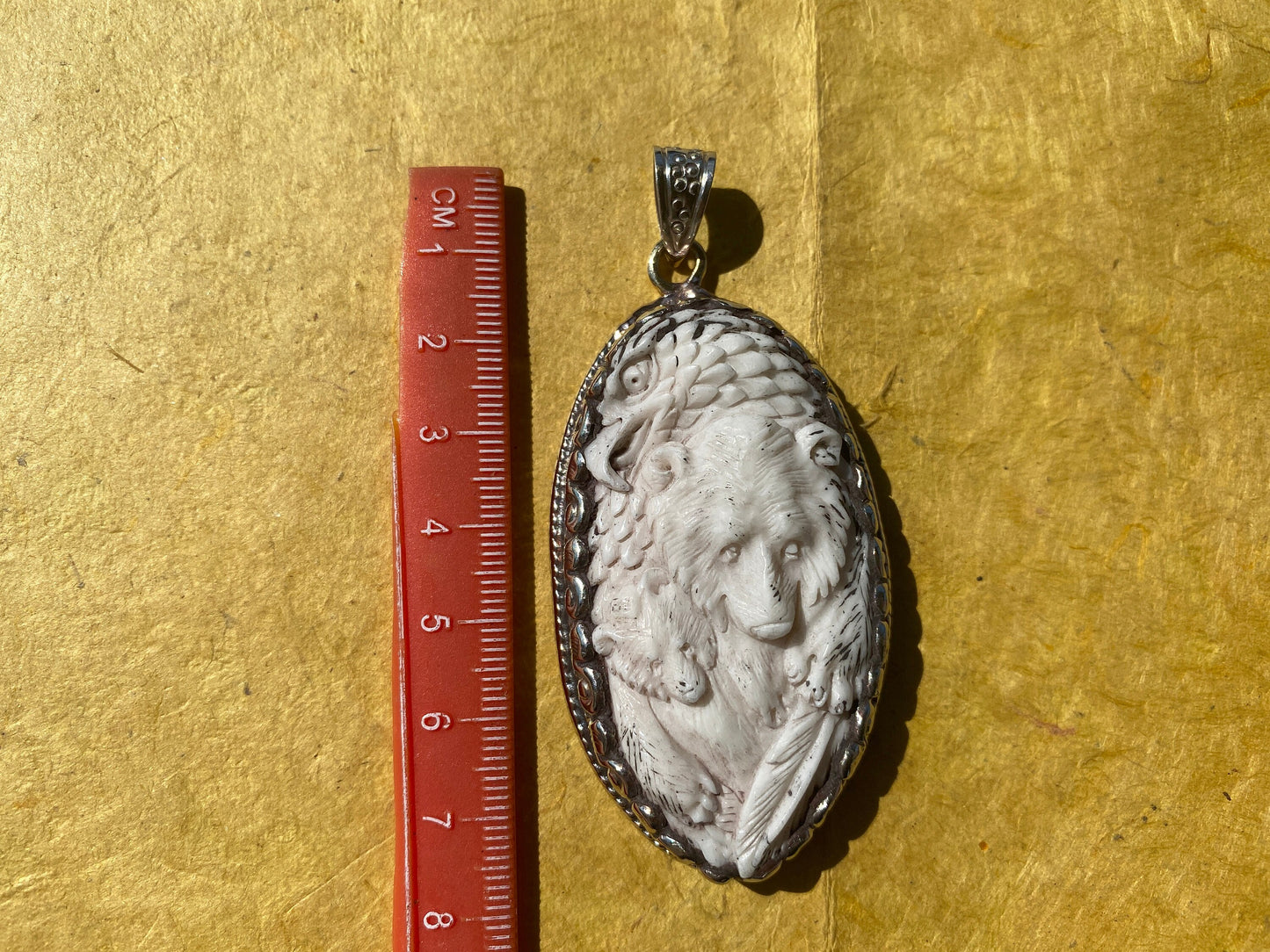 Bear with Eagle Buffalo Bone Hand Carved Tibetan Silver Pendant, Repousse Silver Pendant, Jewelry for Men or Women, Animal Lover Pendant