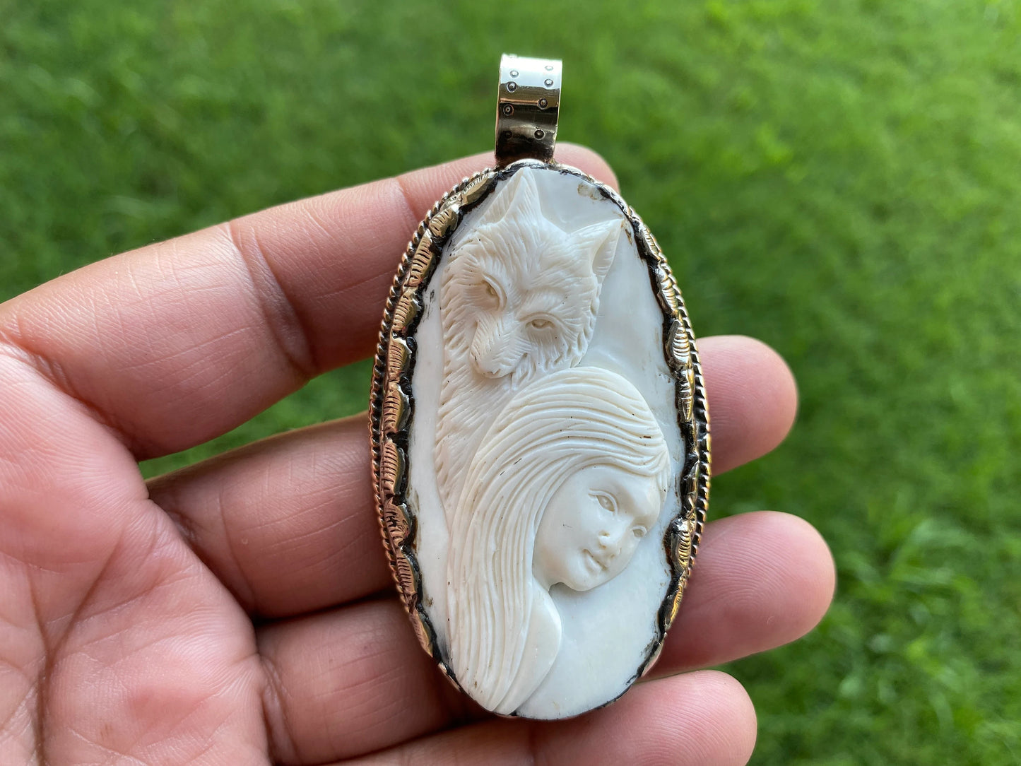 Bear with Lady Face Pendant, Hand Carved Buffalo Bone Tibetan Silver Pendant, Women's or Men Jewelry, Tribal Jewelry, Ethnic Boho Jewelry,