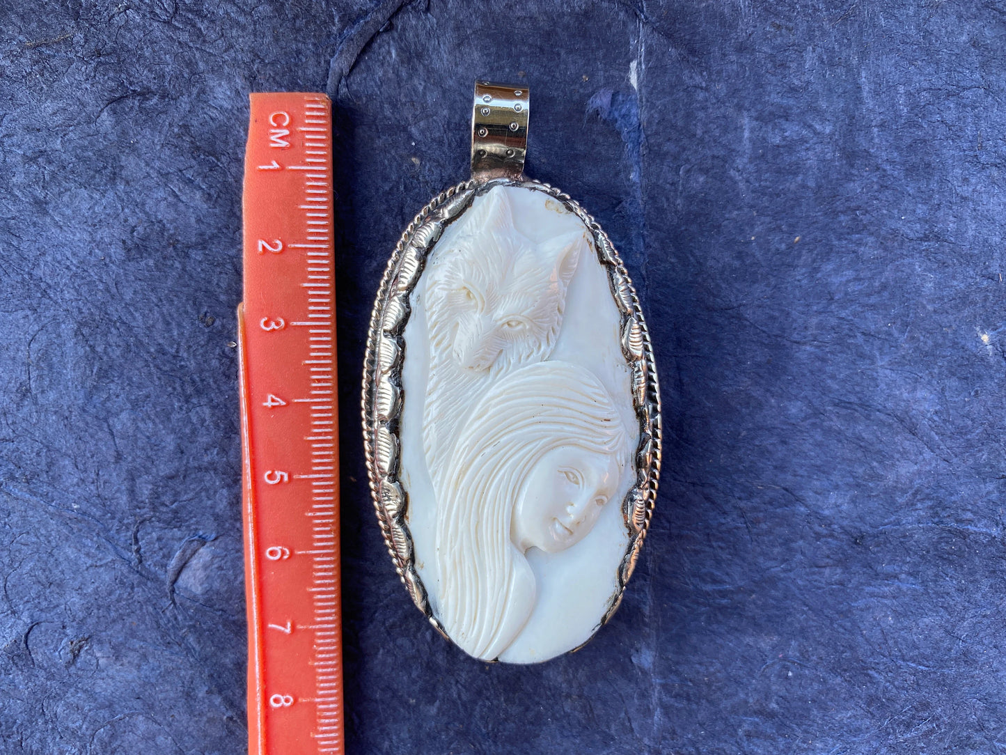 Bear with Lady Face Pendant, Hand Carved Buffalo Bone Tibetan Silver Pendant, Women's or Men Jewelry, Tribal Jewelry, Ethnic Boho Jewelry,