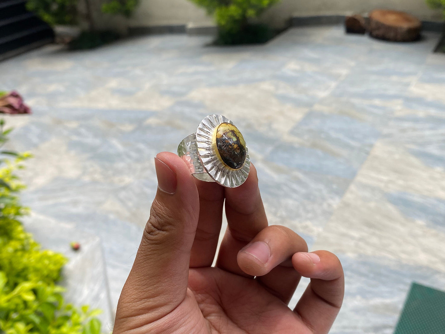 Beautiful Handmade Ring - Gold & Silver Overlay on Brass, Natural Gemstone Ring, Adjustable Ring, Boho fashion Ring, Unisex Ring.