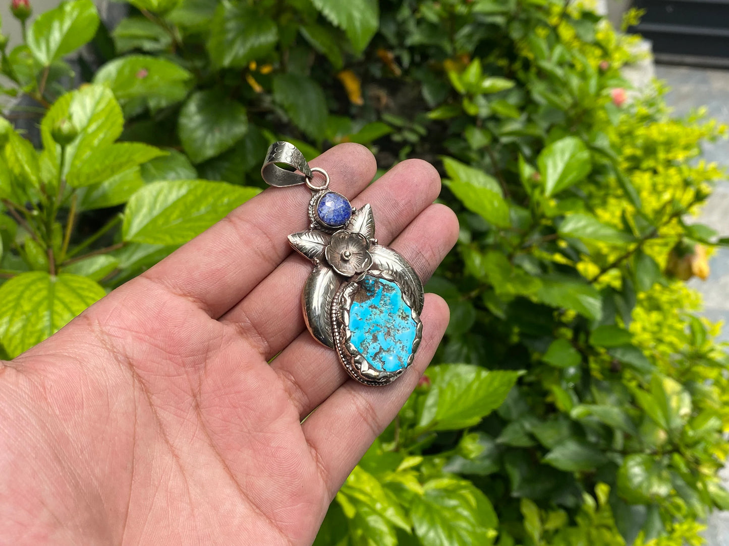 Beautiful Nature Inspired Natural Turquoise Pendant adorned with Raw Lapis Stone & Tibetan Silver, Mother Nature Beauty, Aesthetic Fashion.