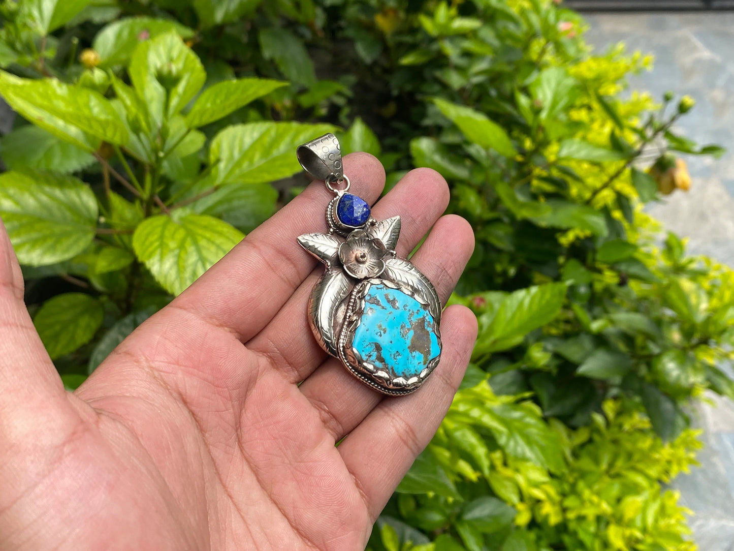 Beautiful Nature Inspired Natural Turquoise Pendant adorned with Raw Lapis Stone & Tibetan Silver, Mother Nature Beauty, Aesthetic Fashion.